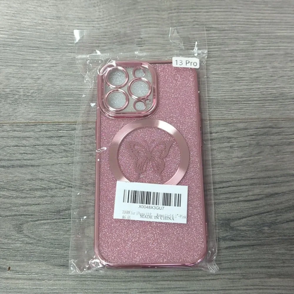 iPhone 13 Pro Glitter Butterfly Ring Phone Case - Pink